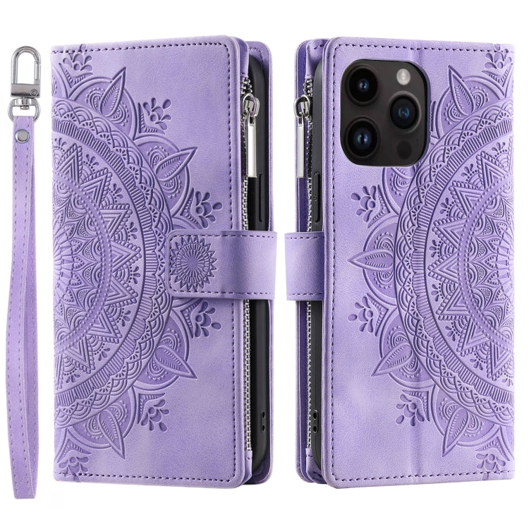 For iPhone 16 Pro Multi-Card Totem Zipper Leather Phone Case(Purple) - iPhone 16 Pro Cases by PMC Jewellery | Online Shopping South Africa | PMC Jewellery | Buy Now Pay Later Mobicred