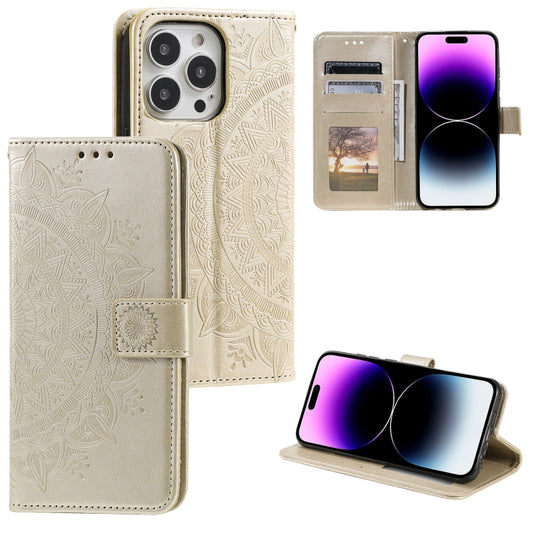 For iPhone 16 Pro Totem Flower Embossed Leather Phone Case(Gold) - iPhone 16 Pro Cases by PMC Jewellery | Online Shopping South Africa | PMC Jewellery | Buy Now Pay Later Mobicred