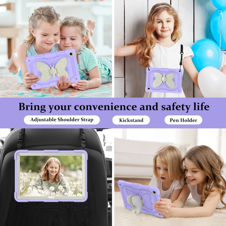 For Samsung Galaxy Tab A9+ Butterfly Kickstand Heavy Duty Hard Rugged Tablet Case(Beige+Raro Purple) - Galaxy Tab A9+ by PMC Jewellery | Online Shopping South Africa | PMC Jewellery | Buy Now Pay Later Mobicred