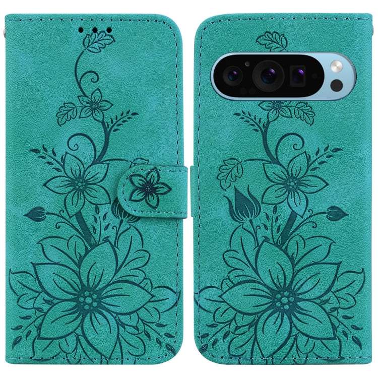 For Google Pixel 9 Lily Embossed Leather Phone Case(Green) - Google Cases by PMC Jewellery | Online Shopping South Africa | PMC Jewellery | Buy Now Pay Later Mobicred