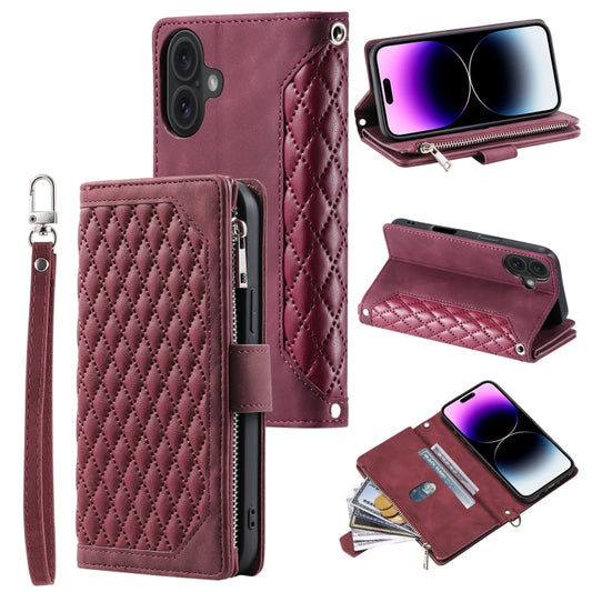 For iPhone 16 Grid Texture Zipper Leather Phone Case with Lanyard(Wine Red) - iPhone 16 Cases by PMC Jewellery | Online Shopping South Africa | PMC Jewellery | Buy Now Pay Later Mobicred