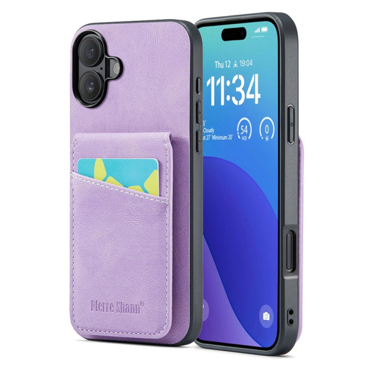 For iPhone 16 Fierre Shann Crazy Horse Card Holder Back Cover PU Phone Case(Purple) - iPhone 16 Cases by FIERRE SHANN | Online Shopping South Africa | PMC Jewellery | Buy Now Pay Later Mobicred