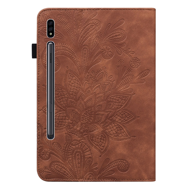 For Samsung Galaxy Tab S9 Lace Flower Embossing Pattern Leather Tablet Case(Brown) - Galaxy Tab S9 Cases by PMC Jewellery | Online Shopping South Africa | PMC Jewellery | Buy Now Pay Later Mobicred