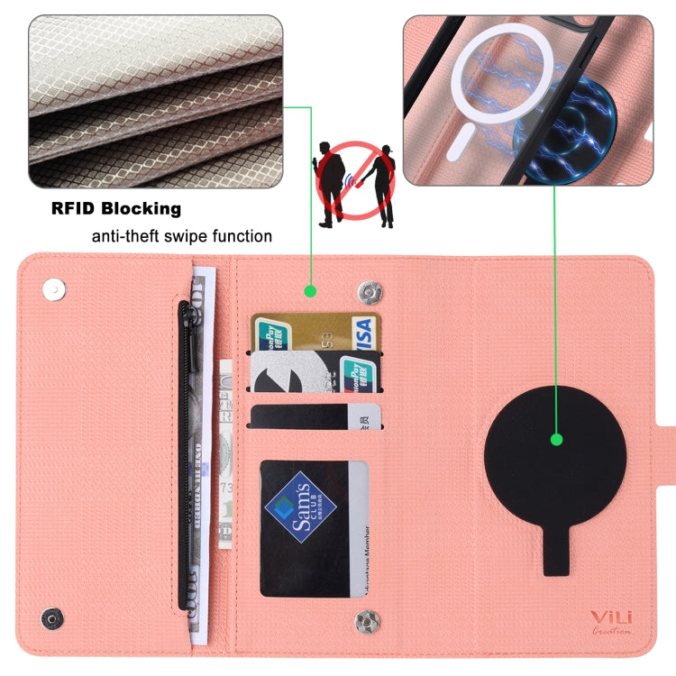 For iPhone 14 Pro ViLi GHB Series MagSafe Magnetic Zipper Leather Phone Case(Pink) - iPhone 14 Pro Cases by ViLi | Online Shopping South Africa | PMC Jewellery | Buy Now Pay Later Mobicred