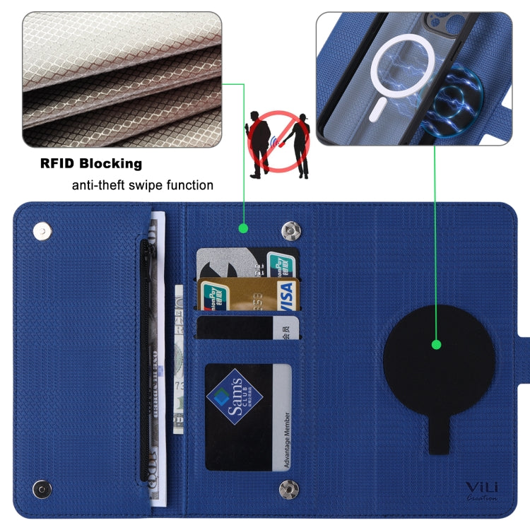 For iPhone 14 Pro ViLi GHB Series MagSafe Magnetic Zipper Leather Phone Case(Blue) - iPhone 14 Pro Cases by ViLi | Online Shopping South Africa | PMC Jewellery | Buy Now Pay Later Mobicred