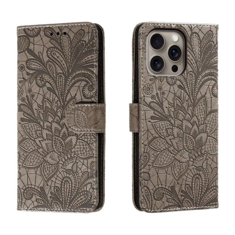 For iPhone 16 Pro Max Lace Flower Embossing Flip Leather Phone Case(Grey) - iPhone 16 Pro Max Cases by PMC Jewellery | Online Shopping South Africa | PMC Jewellery | Buy Now Pay Later Mobicred