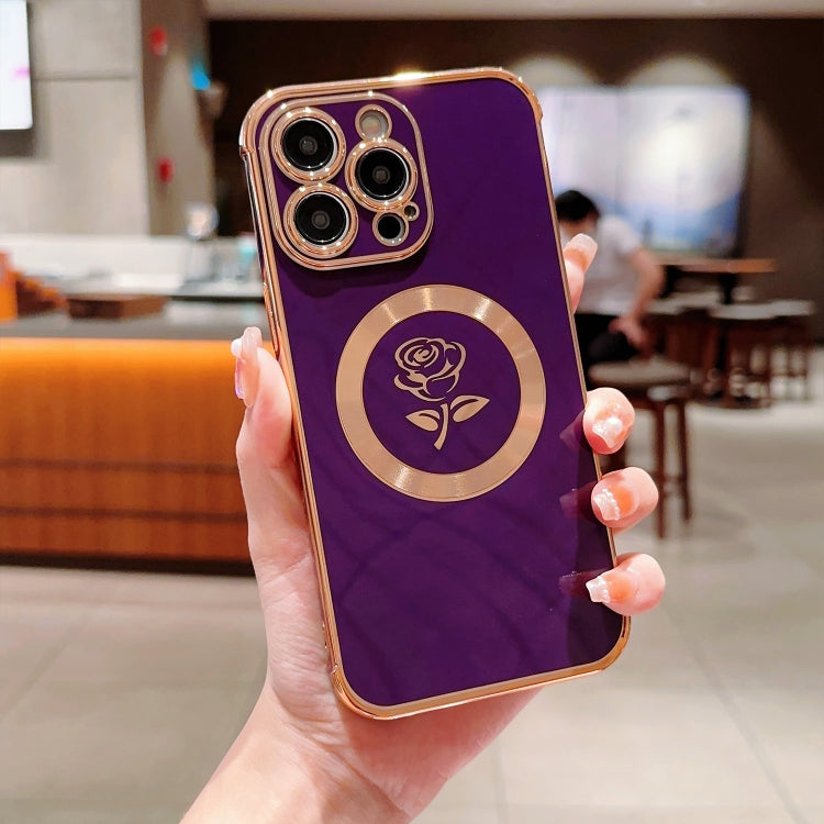 For iPhone 15 Pro Electroplate Side Roses Flower MagSafe Phone Case(Dark Purple) - iPhone 15 Pro Cases by PMC Jewellery | Online Shopping South Africa | PMC Jewellery