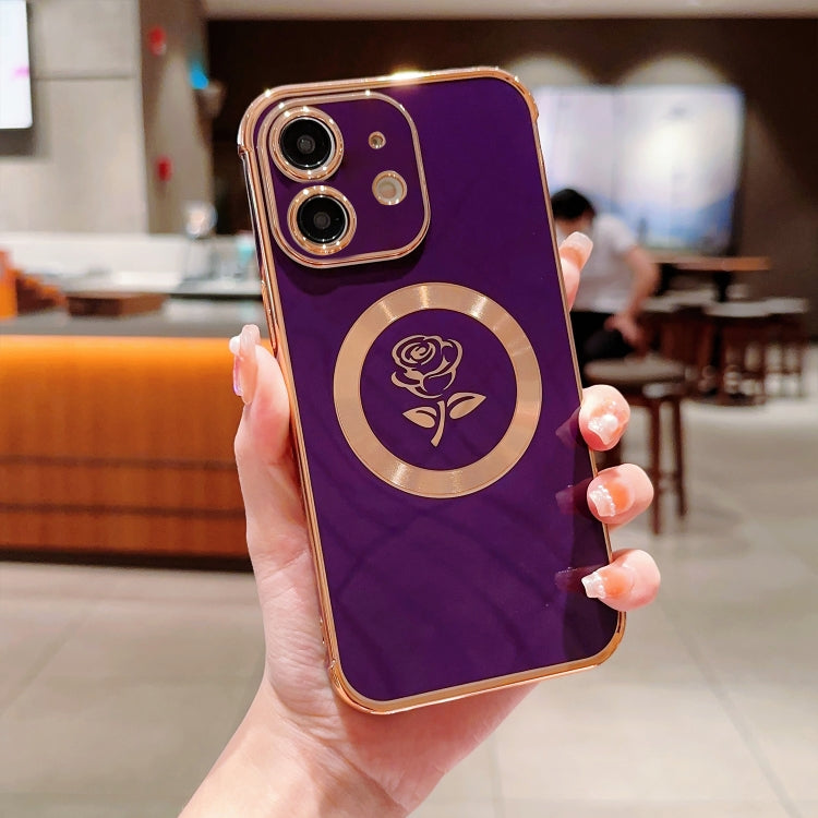 For iPhone 11 Electroplate Side Roses Flower MagSafe Phone Case(Dark Purple) - iPhone 11 Cases by PMC Jewellery | Online Shopping South Africa | PMC Jewellery