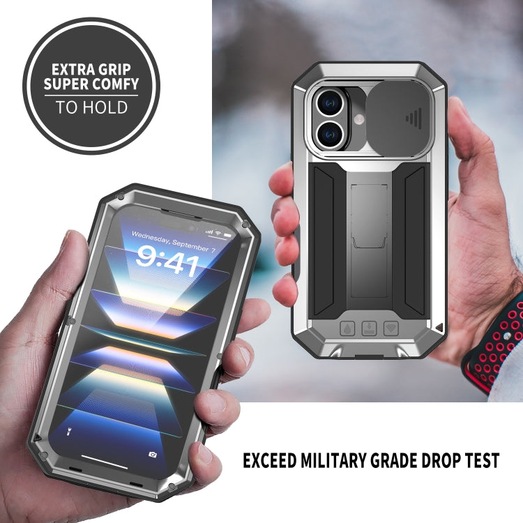 For iPhone 16 R-JUST Sliding Camera IP54 Life Waterproof Holder Phone Case(Silver) - iPhone 16 Cases by R-JUST | Online Shopping South Africa | PMC Jewellery | Buy Now Pay Later Mobicred