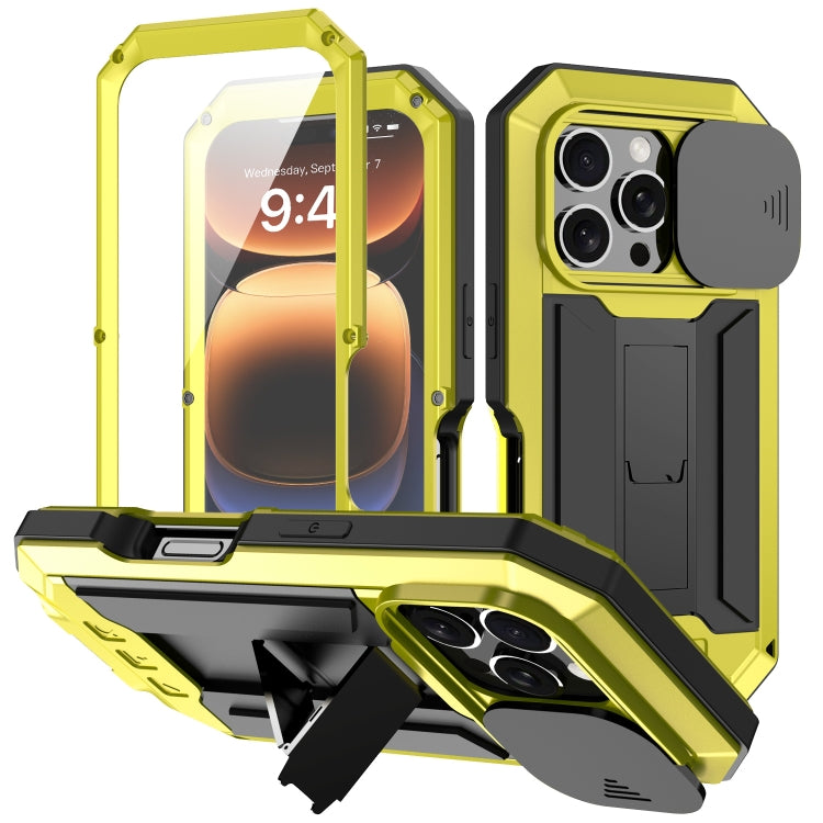 For iPhone 16 Pro R-JUST Sliding Camera IP54 Life Waterproof Holder Phone Case(Yellow) - iPhone 16 Pro Cases by R-JUST | Online Shopping South Africa | PMC Jewellery | Buy Now Pay Later Mobicred