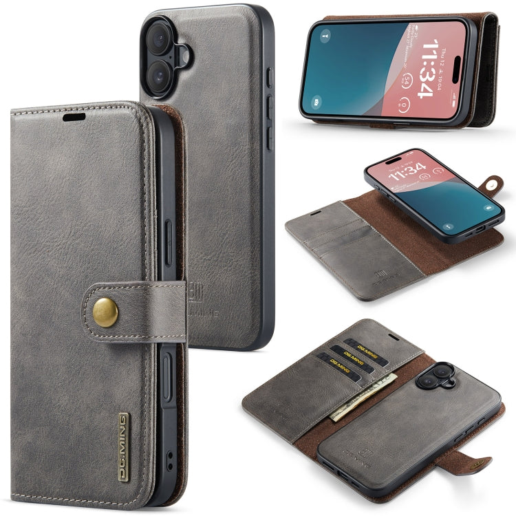 For iPhone 16 DG.MING Crazy Horse Texture Detachable Magnetic Leather Phone Case(Grey) - iPhone 16 Cases by DG.MING | Online Shopping South Africa | PMC Jewellery | Buy Now Pay Later Mobicred