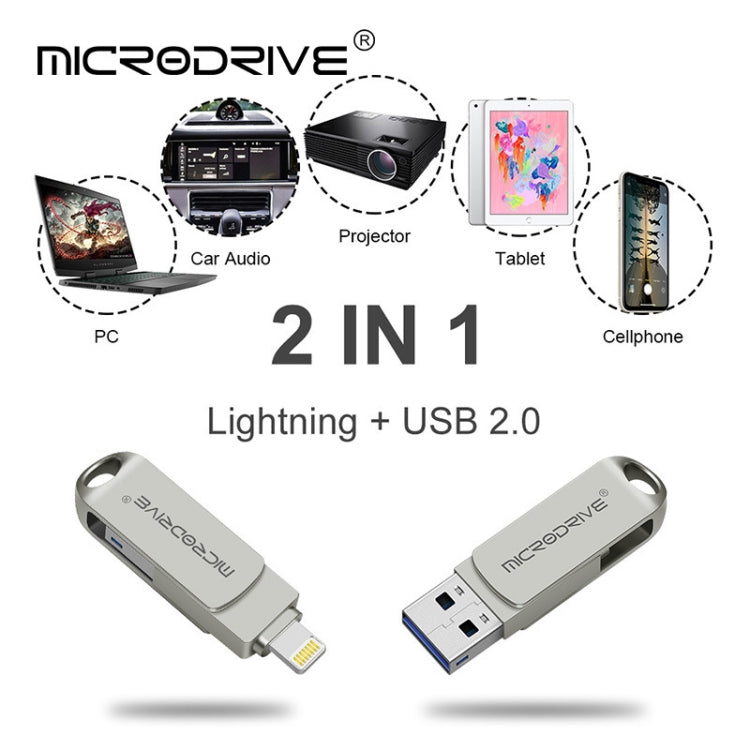 MicroDrive 2 In 1  8 Pin + USB 2.0 Portable Metal USB Flash Disk, Capacity:32GB(Silver) - USB Flash Drives by MICRODRIVE | Online Shopping South Africa | PMC Jewellery | Buy Now Pay Later Mobicred