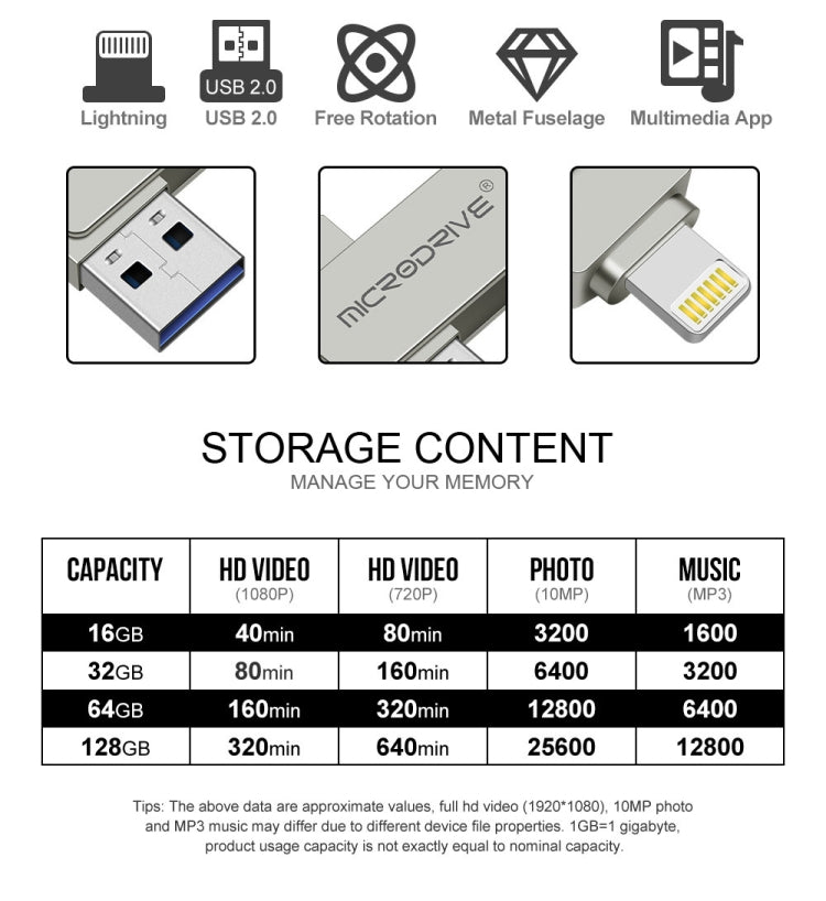 MicroDrive 2 In 1  8 Pin + USB 2.0 Portable Metal USB Flash Disk, Capacity:32GB(Silver) - USB Flash Drives by MICRODRIVE | Online Shopping South Africa | PMC Jewellery | Buy Now Pay Later Mobicred