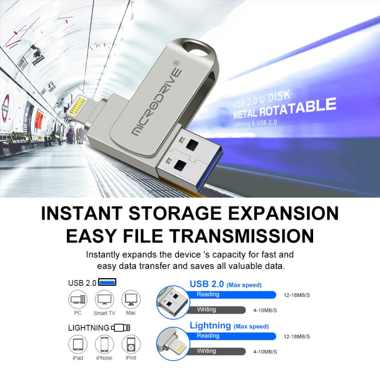 MicroDrive 2 In 1  8 Pin + USB 2.0 Portable Metal USB Flash Disk, Capacity:256GB(Silver) - USB Flash Drives by MICRODRIVE | Online Shopping South Africa | PMC Jewellery | Buy Now Pay Later Mobicred