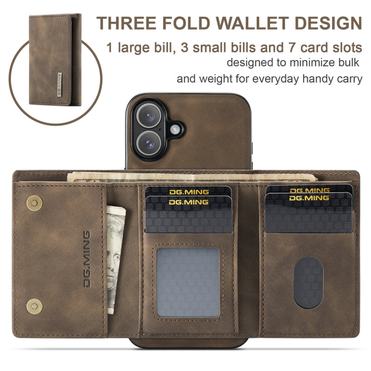 For iPhone 16 Plus DG.MING M1 Series 3-Fold Multi Card Wallet Leather Phone Case(Coffee) - iPhone 16 Plus Cases by DG.MING | Online Shopping South Africa | PMC Jewellery | Buy Now Pay Later Mobicred