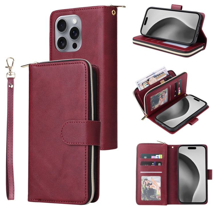 For iPhone 16 Pro Max 9 Card Slots Zipper Wallet Bag Leather Phone Case(Wine Red) - iPhone 16 Pro Max Cases by PMC Jewellery | Online Shopping South Africa | PMC Jewellery | Buy Now Pay Later Mobicred