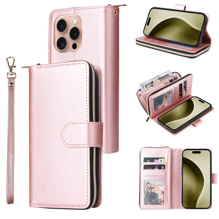 For iPhone 16 Pro 9 Card Slots Zipper Wallet Bag Leather Phone Case(Rose Gold) - iPhone 16 Pro Cases by PMC Jewellery | Online Shopping South Africa | PMC Jewellery | Buy Now Pay Later Mobicred