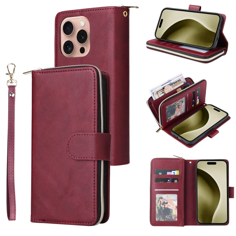 For iPhone 16 Pro 9 Card Slots Zipper Wallet Bag Leather Phone Case(Wine Red) - iPhone 16 Pro Cases by PMC Jewellery | Online Shopping South Africa | PMC Jewellery | Buy Now Pay Later Mobicred