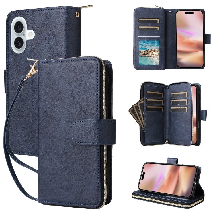 For iPhone 16 Plus 9 Card Slots Zipper Wallet Bag Leather Phone Case(Blue) - iPhone 16 Plus Cases by PMC Jewellery | Online Shopping South Africa | PMC Jewellery | Buy Now Pay Later Mobicred