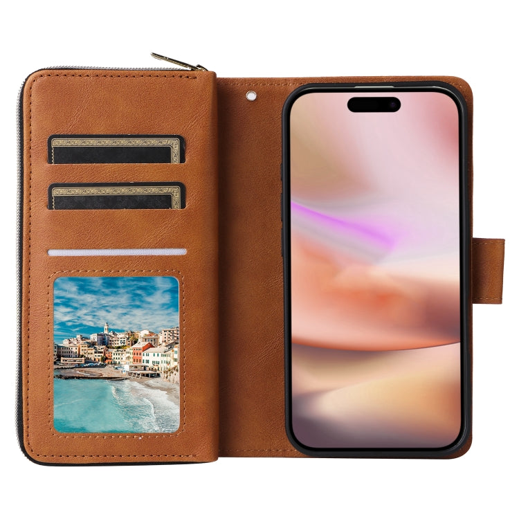 For iPhone 16 Plus 9 Card Slots Zipper Wallet Bag Leather Phone Case(Brown) - iPhone 16 Plus Cases by PMC Jewellery | Online Shopping South Africa | PMC Jewellery | Buy Now Pay Later Mobicred