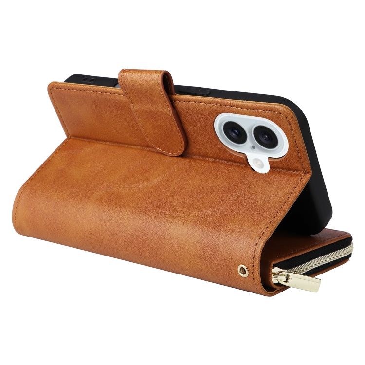 For iPhone 16 Plus 9 Card Slots Zipper Wallet Bag Leather Phone Case(Brown) - iPhone 16 Plus Cases by PMC Jewellery | Online Shopping South Africa | PMC Jewellery | Buy Now Pay Later Mobicred