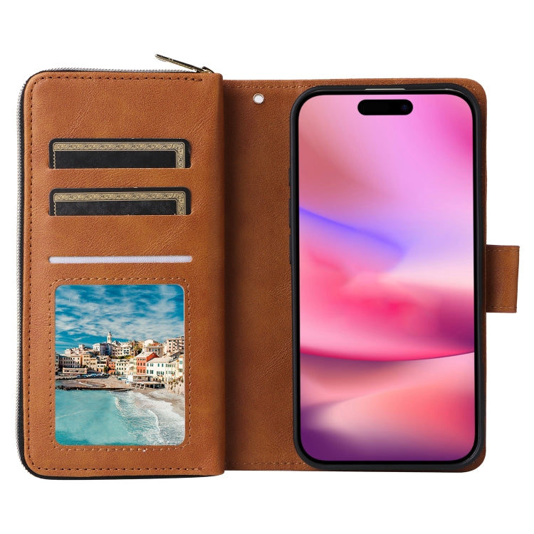 For iPhone 16 9 Card Slots Zipper Wallet Bag Leather Phone Case(Brown) - iPhone 16 Cases by PMC Jewellery | Online Shopping South Africa | PMC Jewellery | Buy Now Pay Later Mobicred