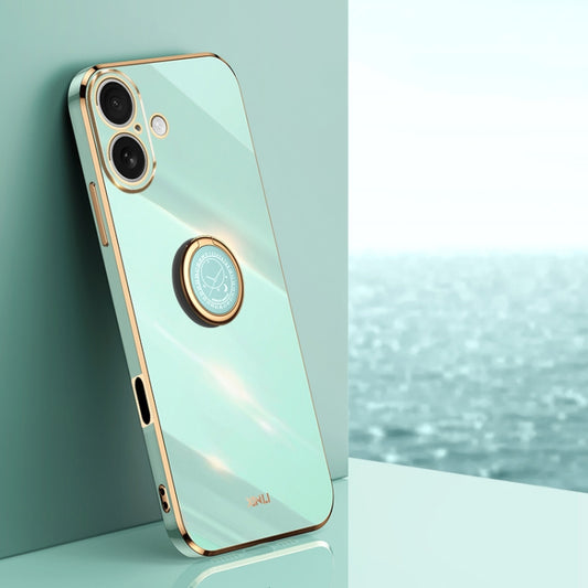 For iPhone 16 XINLI Straight Edge 6D Electroplate TPU Phone Case with Ring Holder(Mint Green) - iPhone 16 Cases by XINLI | Online Shopping South Africa | PMC Jewellery | Buy Now Pay Later Mobicred