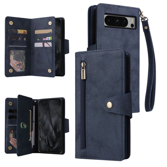 For Google Pixel 8 Pro Rivet Buckle 9 Cards Three Fold Leather Phone Case(Blue) - Google Cases by PMC Jewellery | Online Shopping South Africa | PMC Jewellery | Buy Now Pay Later Mobicred