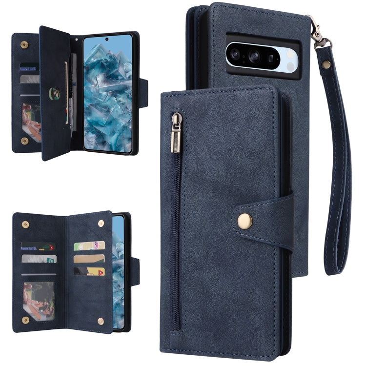 For Google Pixel 8a Rivet Buckle 9 Cards Three Fold Leather Phone Case(Blue) - Google Cases by PMC Jewellery | Online Shopping South Africa | PMC Jewellery | Buy Now Pay Later Mobicred