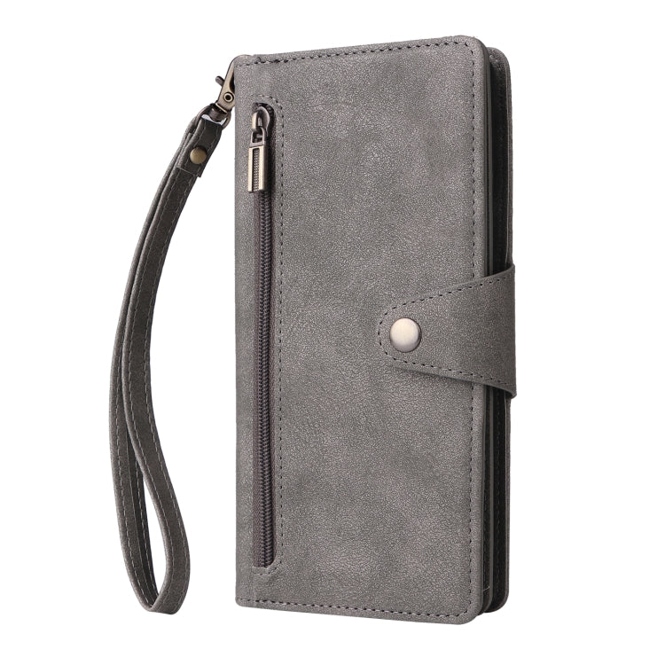 For Google Pixel 8a Rivet Buckle 9 Cards Three Fold Leather Phone Case(Grey) - Google Cases by PMC Jewellery | Online Shopping South Africa | PMC Jewellery | Buy Now Pay Later Mobicred