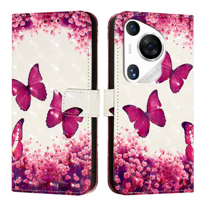 For Huawei Pura 70 Pro 3D Painting Horizontal Flip Leather Phone Case(Rose Butterfly) - Huawei Cases by PMC Jewellery | Online Shopping South Africa | PMC Jewellery | Buy Now Pay Later Mobicred