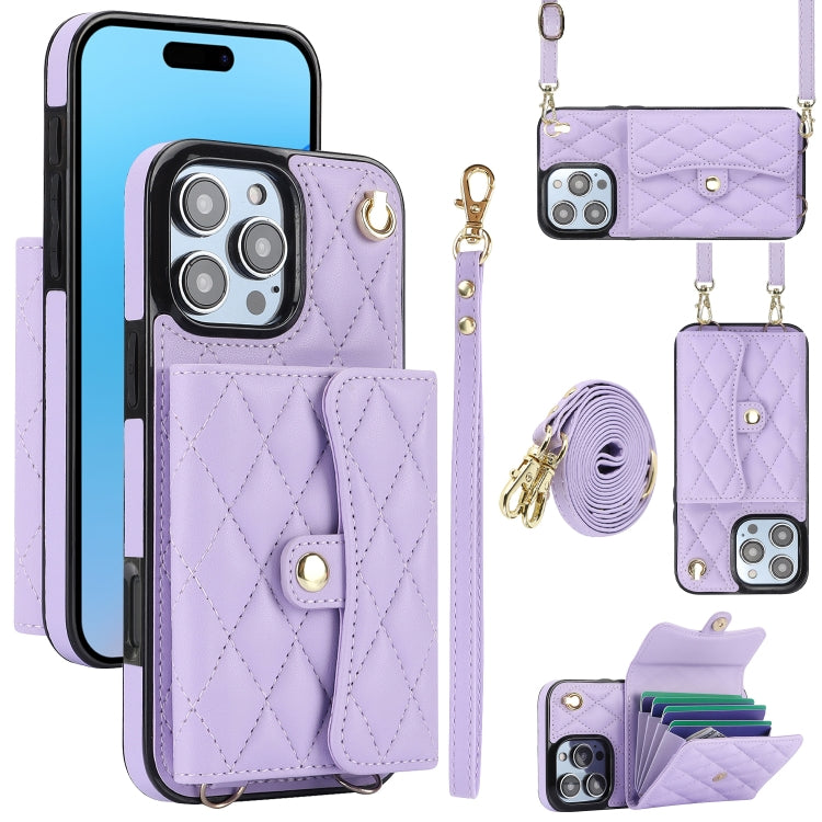 For iPhone 16 Pro Max Crossbody Rhombic Horizontal Wallet Leather Phone Case(Purple) - iPhone 16 Pro Max Cases by PMC Jewellery | Online Shopping South Africa | PMC Jewellery | Buy Now Pay Later Mobicred