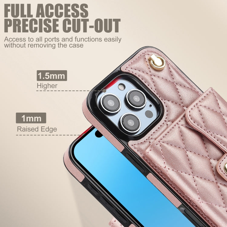 For iPhone 16 Pro Crossbody Rhombic Horizontal Wallet Leather Phone Case(Rose Gold) - iPhone 16 Pro Cases by PMC Jewellery | Online Shopping South Africa | PMC Jewellery | Buy Now Pay Later Mobicred