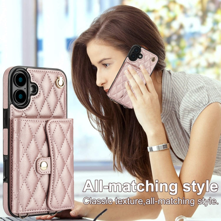 For iPhone 16 Plus Crossbody Rhombic Horizontal Wallet Leather Phone Case(Rose Gold) - iPhone 16 Plus Cases by PMC Jewellery | Online Shopping South Africa | PMC Jewellery | Buy Now Pay Later Mobicred