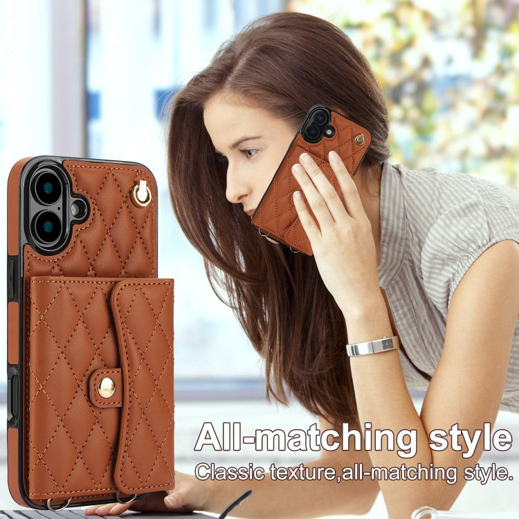 For iPhone 16 Plus Crossbody Rhombic Horizontal Wallet Leather Phone Case(Brown) - iPhone 16 Plus Cases by PMC Jewellery | Online Shopping South Africa | PMC Jewellery | Buy Now Pay Later Mobicred