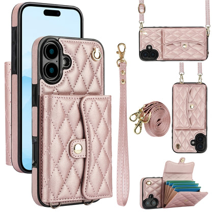 For iPhone 16 Crossbody Rhombic Horizontal Wallet Leather Phone Case(Rose Gold) - iPhone 16 Cases by PMC Jewellery | Online Shopping South Africa | PMC Jewellery | Buy Now Pay Later Mobicred