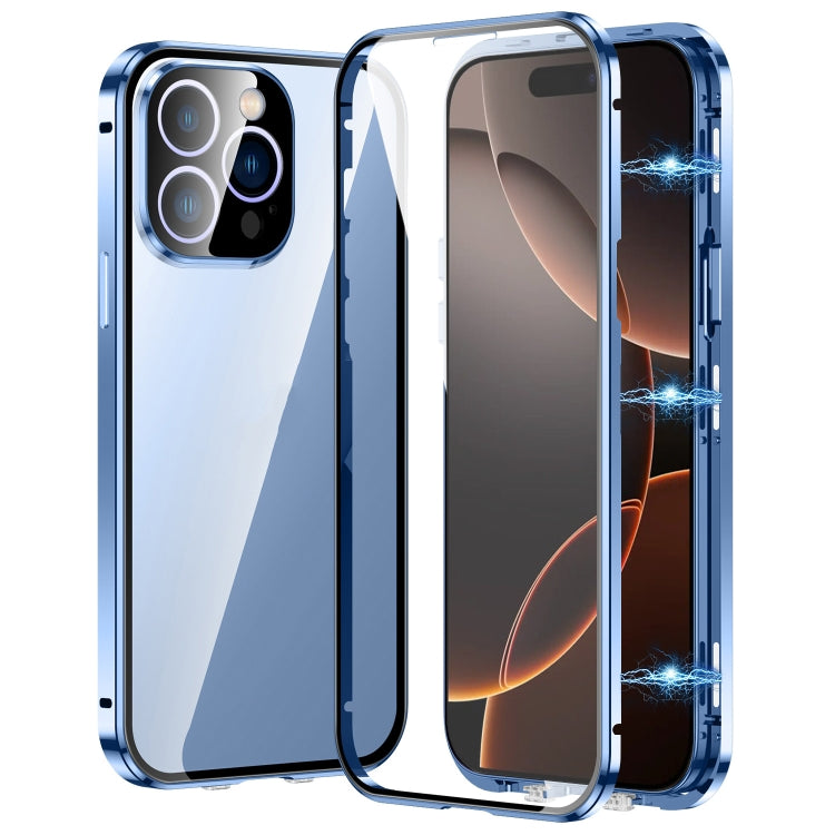 For iPhone 16 Pro Max Magnetic Double-buckle HD Tempered Glass Phone Case(Blue) - iPhone 16 Pro Max Cases by PMC Jewellery | Online Shopping South Africa | PMC Jewellery | Buy Now Pay Later Mobicred