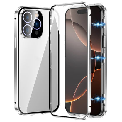 For iPhone 16 Pro Max Magnetic Double-buckle HD Tempered Glass Phone Case(Silver) - iPhone 16 Pro Max Cases by PMC Jewellery | Online Shopping South Africa | PMC Jewellery | Buy Now Pay Later Mobicred