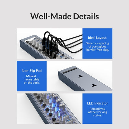 ORICO AT2U3-16AB-GY-BP 16 Ports USB 3.0 HUB with Individual Switches & Blue LED Indicator(UK Plug) - USB 3.0 HUB by ORICO | Online Shopping South Africa | PMC Jewellery | Buy Now Pay Later Mobicred