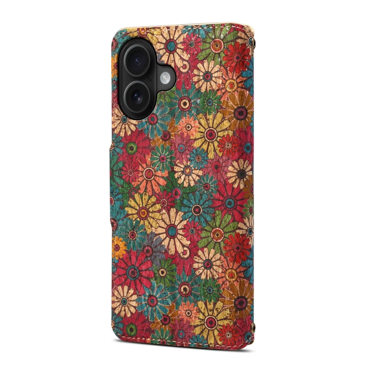 For iPhone 16 Denior Flower Language Series Cork Fabric Oil Edge Leather Phone Case(Spring) - iPhone 16 Cases by Denior | Online Shopping South Africa | PMC Jewellery | Buy Now Pay Later Mobicred