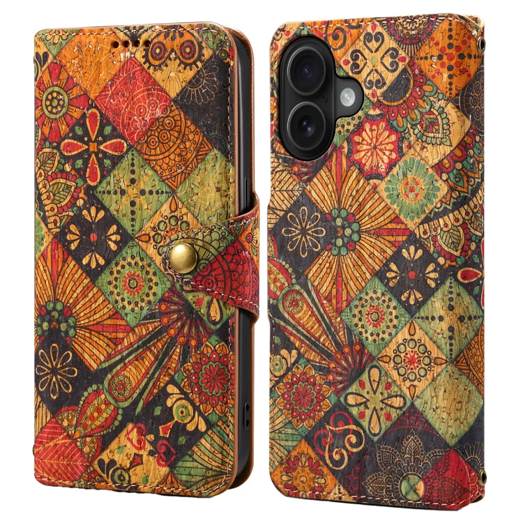 For iPhone 16 Plus Denior Flower Language Series Cork Fabric Oil Edge Leather Phone Case(Autumn) - iPhone 16 Plus Cases by Denior | Online Shopping South Africa | PMC Jewellery | Buy Now Pay Later Mobicred