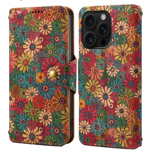 For iPhone 16 Pro Denior Flower Language Series Cork Fabric Oil Edge Leather Phone Case(Spring) - iPhone 16 Pro Cases by Denior | Online Shopping South Africa | PMC Jewellery | Buy Now Pay Later Mobicred