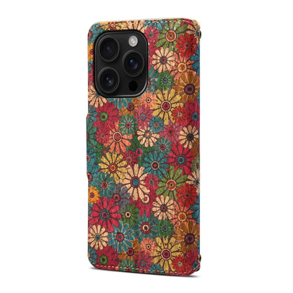 For iPhone 16 Pro Max Denior Flower Language Series Cork Fabric Oil Edge Leather Phone Case(Spring) - iPhone 16 Pro Max Cases by Denior | Online Shopping South Africa | PMC Jewellery | Buy Now Pay Later Mobicred