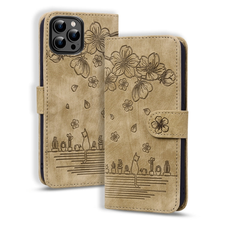 For iPhone 16 Pro Max Cartoon Sakura Cat Embossed Leather Phone Case(Brown) - iPhone 16 Pro Max Cases by PMC Jewellery | Online Shopping South Africa | PMC Jewellery | Buy Now Pay Later Mobicred