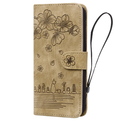 For iPhone 16 Pro Max Cartoon Sakura Cat Embossed Leather Phone Case(Brown) - iPhone 16 Pro Max Cases by PMC Jewellery | Online Shopping South Africa | PMC Jewellery | Buy Now Pay Later Mobicred