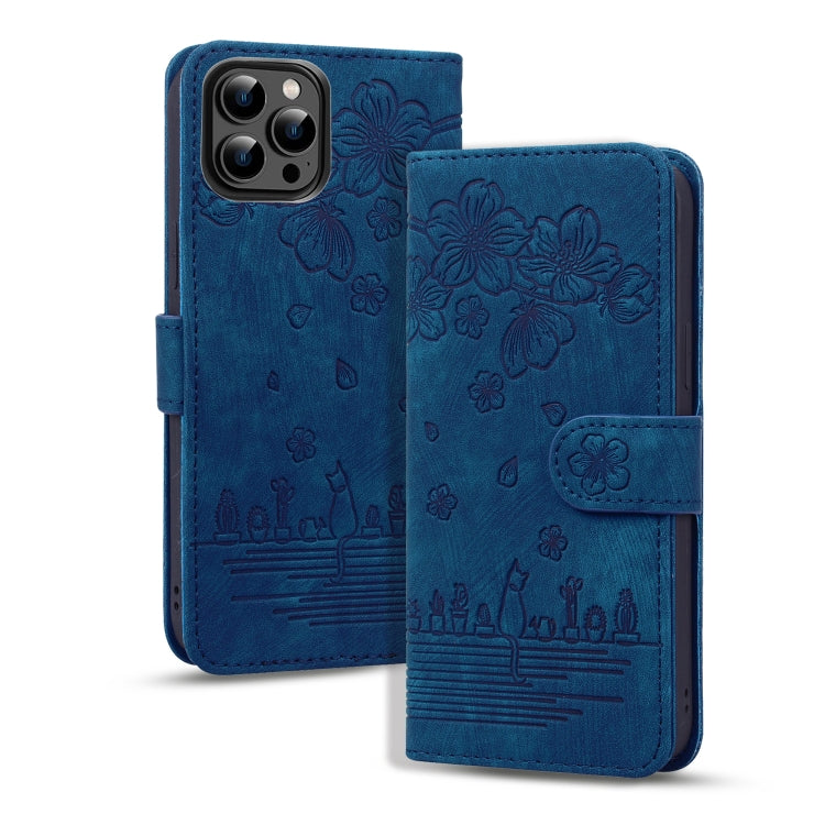 For iPhone 16 Pro Cartoon Sakura Cat Embossed Leather Phone Case(Royal Blue) - iPhone 16 Pro Cases by PMC Jewellery | Online Shopping South Africa | PMC Jewellery | Buy Now Pay Later Mobicred