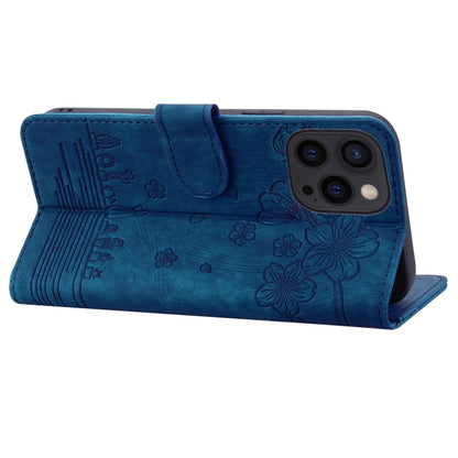 For iPhone 16 Pro Cartoon Sakura Cat Embossed Leather Phone Case(Royal Blue) - iPhone 16 Pro Cases by PMC Jewellery | Online Shopping South Africa | PMC Jewellery | Buy Now Pay Later Mobicred