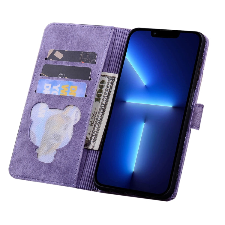 For iPhone 16 Cartoon Sakura Cat Embossed Leather Phone Case(Purple) - iPhone 16 Cases by PMC Jewellery | Online Shopping South Africa | PMC Jewellery | Buy Now Pay Later Mobicred