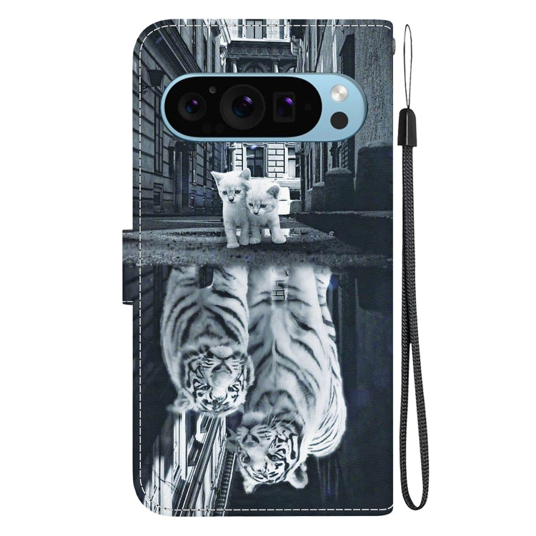 For Google Pixel 9 Pro Crystal Texture Colored Drawing Leather Phone Case(Cat Tiger Reflection) - Google Cases by PMC Jewellery | Online Shopping South Africa | PMC Jewellery | Buy Now Pay Later Mobicred