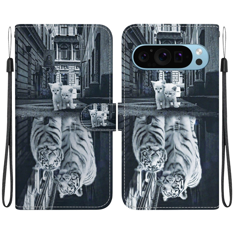 For Google Pixel 9 Crystal Texture Colored Drawing Leather Phone Case(Cat Tiger Reflection) - Google Cases by PMC Jewellery | Online Shopping South Africa | PMC Jewellery | Buy Now Pay Later Mobicred